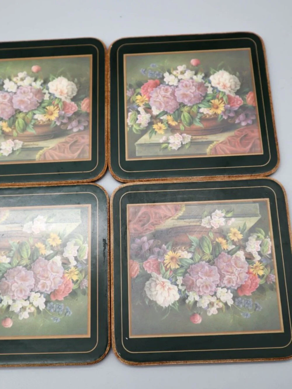 6 Vintage Pimpernel Cork Backed Celluloid Coasters Romantic Rose Botanical